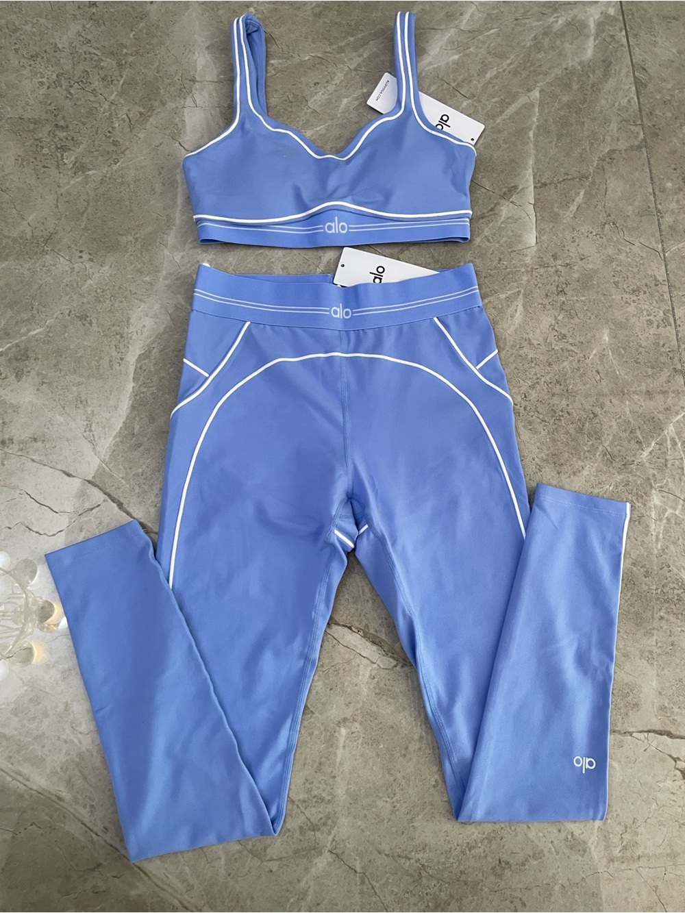 ALO Yoga Lavender-Blue High-Rise Leggings with White Piping